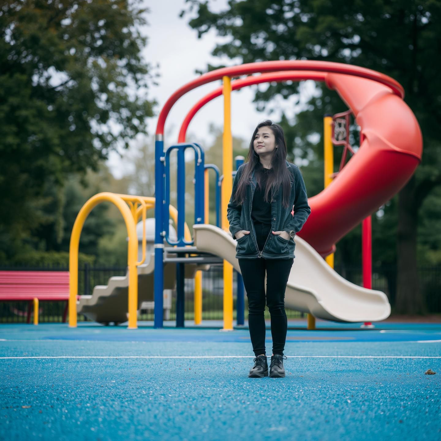Generated image for: A woman in a playground, all alone