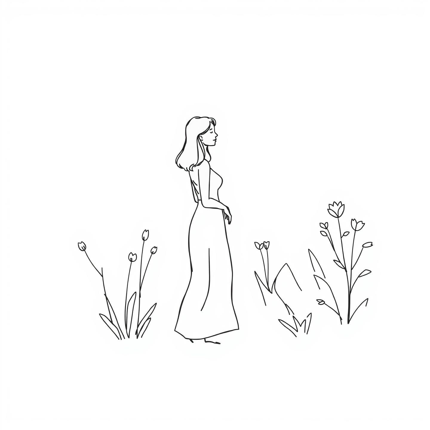 Generated image for: doodle, simple line art, a woman in a garden, minimalist, white background, thick lines, sharp vector style, masterpiece