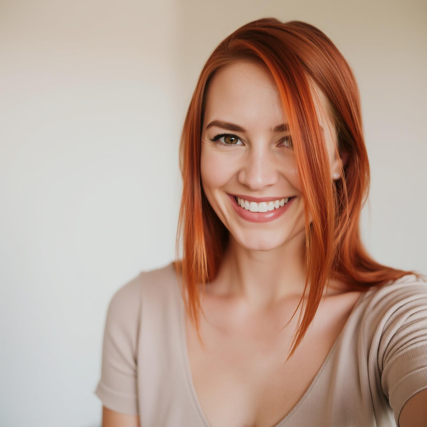 Generated image for: a woman smiling at the camera and red hair