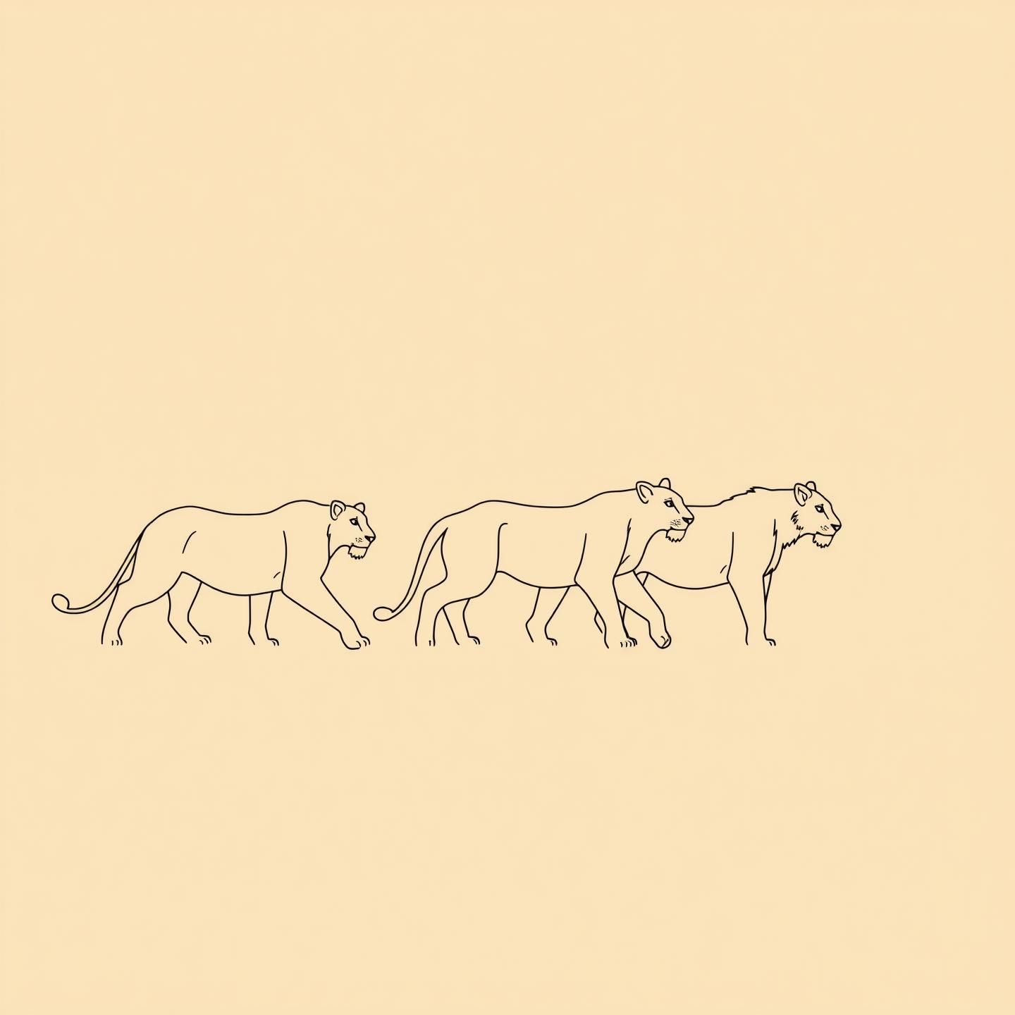 Generated image for: Minimalist linear illustration of a group of lionesses walking together in the savannah, with one lioness slightly ahead, showing leadership.