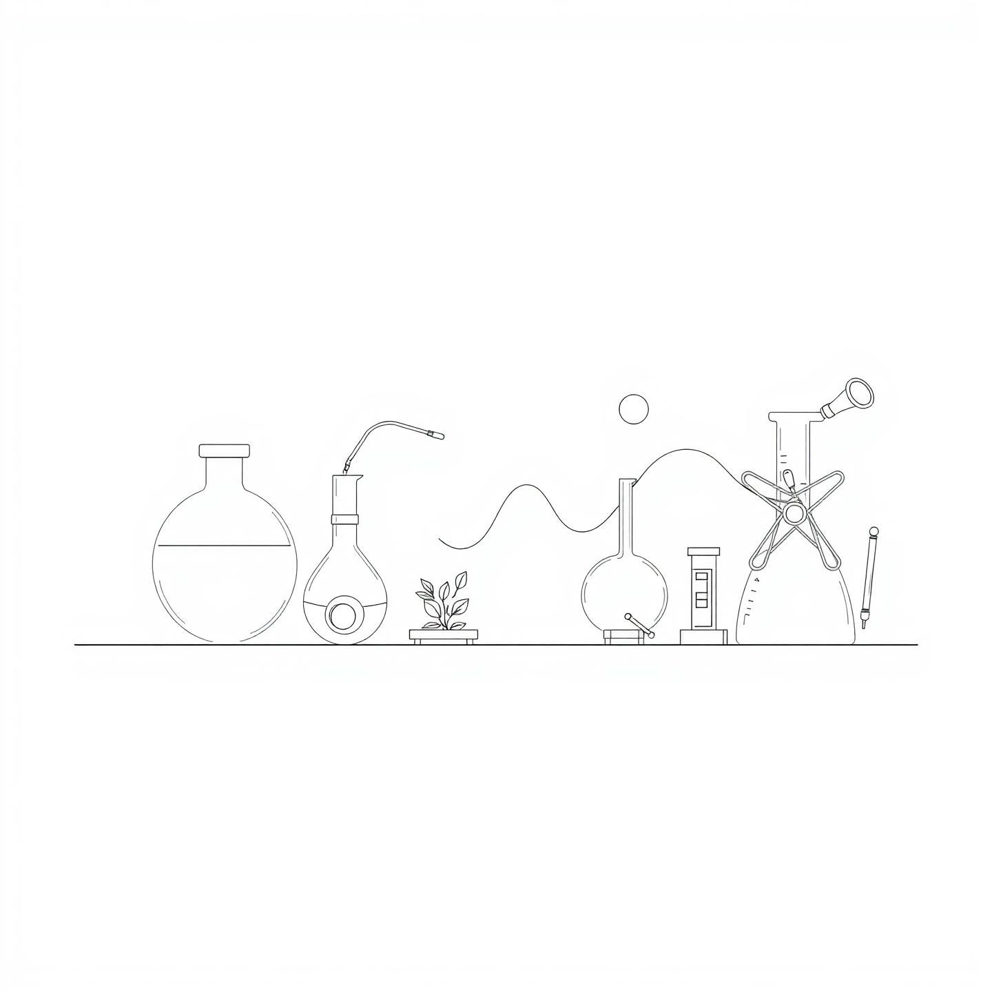 Generated image for: Line art image of science in everyday life, white background