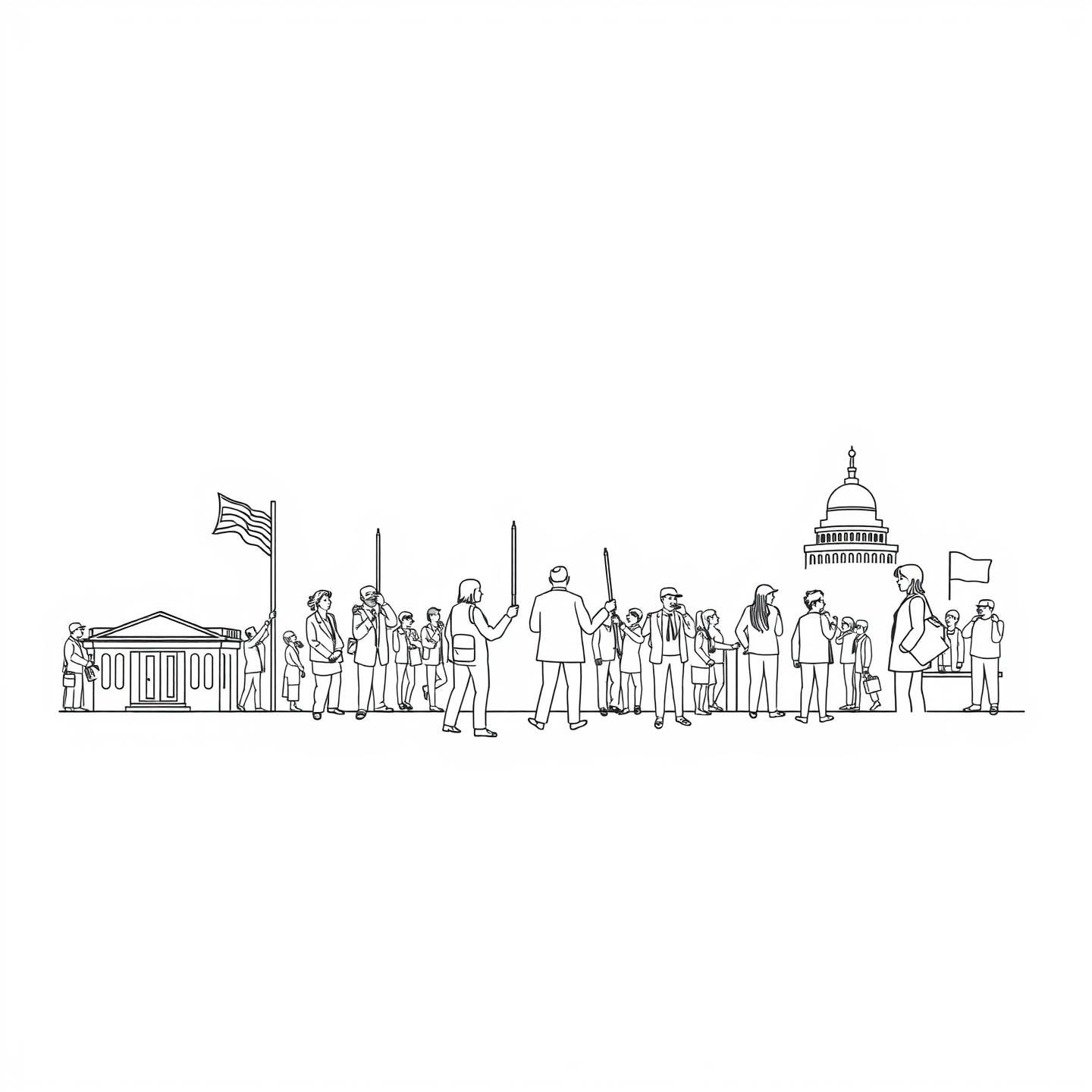 Generated image for: Line art image of politics in everyday life, white background