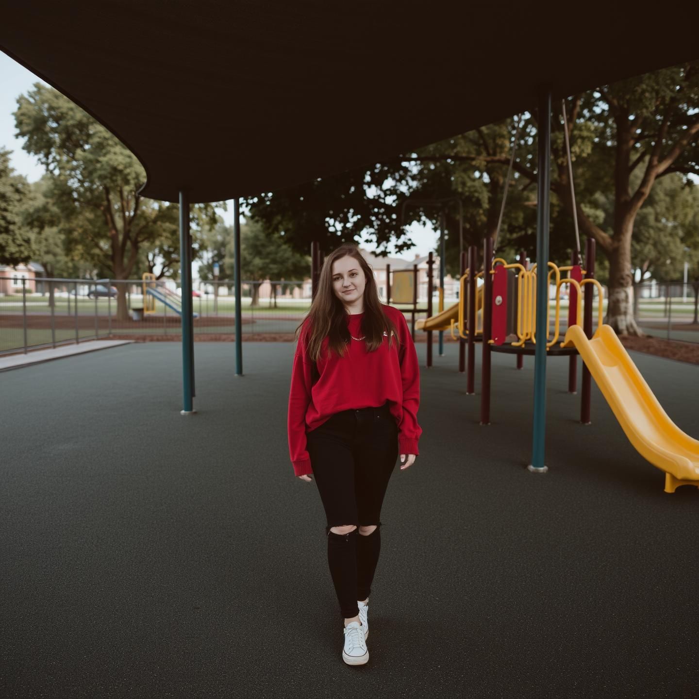 Generated image for: A woman in a playground, all alone